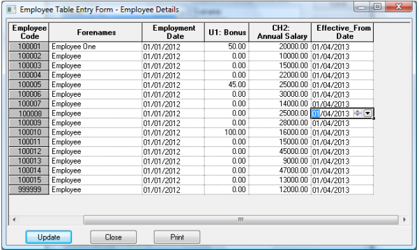 Employee Entry Table opened with the new globally saved table layout