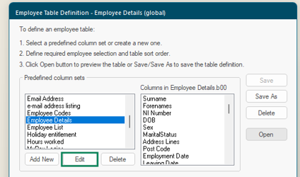 Employee Entry Tables dialog showing the list of available saved tables with the Open button