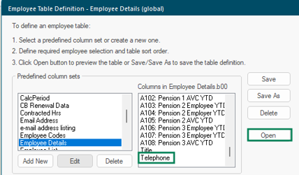 Column set editor showing the Available and Selected columns lists