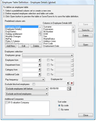 Table definition screen showing the column set and employee selection options