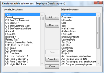 Column set editor showing Available and Selected columns panels