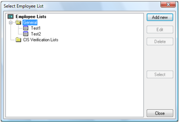 Select Employee List window showing available employee lists to filter by
