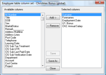 Table list showing the globally saved table available for all companies